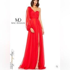 Mac Duggal One-Shoulder Red Chiffon Evening Gown